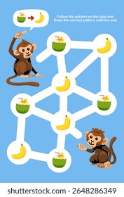 Maze for children help cute cartoon monkey collect the banana and coconut worksheet