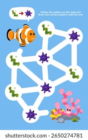 Maze for children help cute cartoon fish collect seaweed worksheet