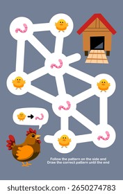 Maze for children help cute cartoon hen collect chick and worm worksheet
