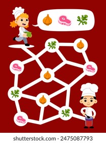 Maze for children help cute girl collect cooking ingredients for the chef profession worksheet