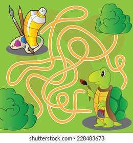 Maze for children - help the turtle get to paints and brushes for painting - vector
