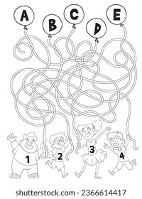 Maze para los niños. Niños sosteniendo globos. Juego educativo para los niños. Tarea de atención. Elija la ruta correcta. Caricatura divertida. Libro de colorear. Hoja de cálculo. Ilustración del vector