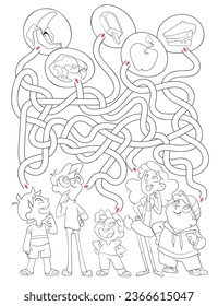 Maze for children. Kids choose their favorite food. Educational game for kids. Attention task. Choose right path. Funny cartoon character. Coloring book. Worksheet page. Vector illustration
