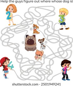 Maze for children. Kids walking their dogs. Educational game for kids. Worksheet page. Vector illustration