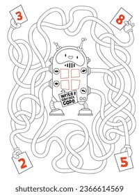 Maze for children. Logic game for kids with cute robot. Educational game for kids. Attention task. Choose right path. Funny cartoon character. Coloring book. Worksheet page. Vector illustration