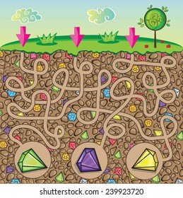 Maze for children - nature, stones and precious stones under the ground - get the path to the diamond