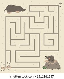 Maze For Children. Preschool Activity With Mole Digging The Ground And Going For Worm. Puzzle Game With Animal. Cute Funny Smiling Characters.