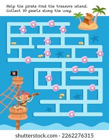 Maze para los niños. Juego de rompecabezas con aventura. Pirata en la isla del tesoro. Carácter delicado y cofre de monedas de oro. Ilustración de dibujos animados para libros.