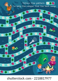 Maze for children. Puzzle game with cute characters. Follow this pattern to help the camper find the tent camp. Vector illustration.