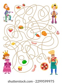 Maze für Kinder. Puzzle-Spiel mit süßen Charakteren. Für wen hat der Pizzaiolo die Pizza gemacht? Was essen die anderen Charaktere? Vektorgrafik.