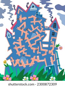 Maze for children. Puzzle game with cute characters. Go through the maze in the old house. Avoid the spiders. Vector illustration.