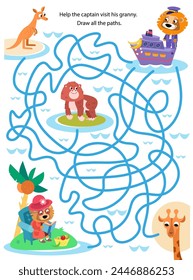 Maze for children. Puzzle game for kids. Help captain of liner to visit grandma. Draw tracks. Cute cartoon characters. Vector illustration.