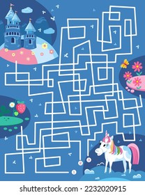 Maze for children. Puzzle for kids. Help unicorn to get to castle with towers. Cute cartoon characters. Vector illustration.