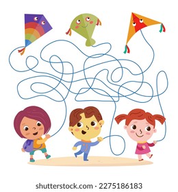 Maze for children. Puzzle for kids. Help the children unwind the kites. Draw paths. Cute cartoon characters. Vector illustration.
