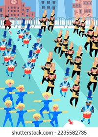 Maze para los niños. Rompecabezas para los niños. Desfile con banda en la ciudad. Ayuda al líder del desfile a llegar al otro lado de la plaza. Personajes de dibujos animados. Ilustración vectorial.