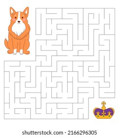 A maze for children with a royal corgi. Cute dog is looking for a crown. Children's educational game.