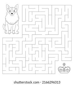 A maze for children with a royal corgi. Cute dog is looking for a crown. Children's educational game, coloring book.