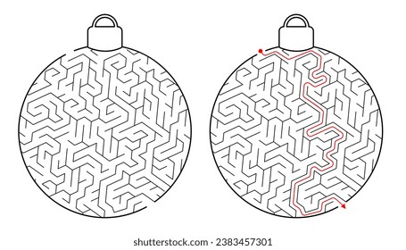 Maze Christmas ball. Labyrinth. Christmas tree toy. Simple flat vector illustration isolated on white background. Black and white vector