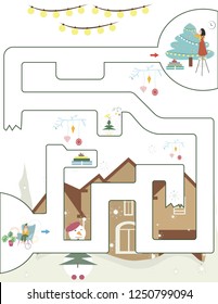 MAZE Christmas game. Winter illustration. Logic path. Kindergarten worksheet.