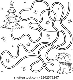 Maze. Christmas. New Year. Labyrinth Game. Puzzle. Tangled Road. Coloring Page Outline Of Christmas tree and cute puppy. Coloring book for kids.