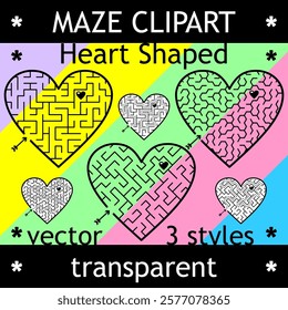 Maze clipart set with heart shaped transparent mazes of various styles. Answers included. Use for Valentine's Day, wedding, romantic, etc., designs. Suitable both for kids and adults.
