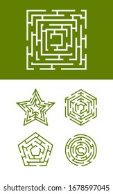 maze collection. round square and star forms of labyrinth enter and exit in smart maze ways. vector template