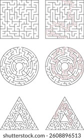 Maze Collection With Square Round And Triangle Shapes Solution Marked