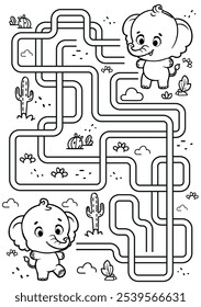 Un laberinto para colorear con dos elefantes y un laberinto