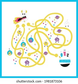 Maze with cute aliens. Kids mini game for development.