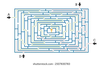 Laberinto. Un elemento de diseño para el pensamiento lógico con cuatro entradas. Una entrada conduce al centro, tres entradas conducen a un callejón sin salida