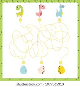 Maze with dino. Find right way. Kids mini game for development. Dinosaur.