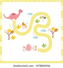 Maze with dino. Find right way. Kids mini game for development. Dinosaur.