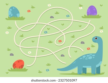 Maze with dinosaur and eggs concept. Puzzle for children. Animal BC. Educational material for kids. Lawn with flowers. Development of logical thinking. Cartoon flat vector illustration