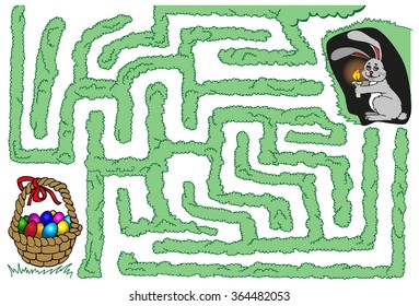 Maze: Easter bunny with a candle out of its hole in search of a basket with eggs