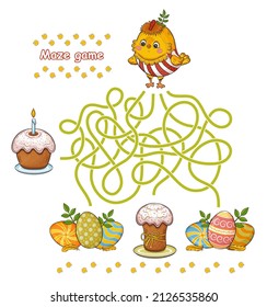 Maze education game. Help Easter chicken rooster find path to colored eggs, holiday paschal cakes. Cute newborn chick bird. Children labyrinth puzzle, search road. Preschool kid logical page. Vector