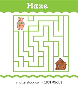 Maze Education games with three little pigs. Preschool or kindergarten worksheet. Vector illustration