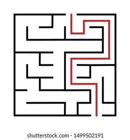 Maze. Education logic game labyrinth for kids. Find right way. Isolated simple square maze black line on white background. With the solution. Vector illustration.