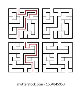 Maze. Education logic game labyrinth for kids. Find right way. Isolated simple square maze black line on white background. With the solution. Vector illustration.