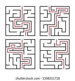 Maze. Education logic game labyrinth for kids. Find right way. Isolated simple square maze black line on white background. With the solution. Vector illustration.