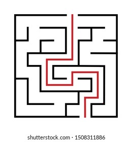 Maze. Education logic game labyrinth for kids. Find right way. Isolated simple square maze black line on white background. With the solution. Vector illustration.