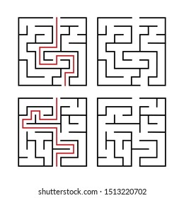 Maze. Education logic game labyrinth for kids. Find right way. Isolated simple square maze black line on white background. With the solution. Vector illustration.