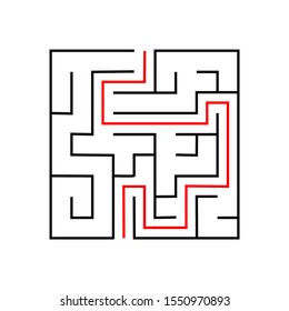 Maze. Education logic game labyrinth for kids. Find right way. Isolated simple square maze black line on white background. With the solution. Vector illustration.