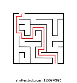 Maze. Education logic game labyrinth for kids. Find right way. Isolated simple square maze black line on white background. With the solution. Vector illustration.