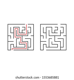 Maze. Education logic game labyrinth for kids. Find right way. Isolated simple square maze black line on white background. With the solution. Vector illustration.