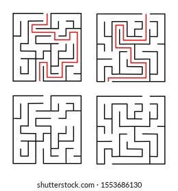 Maze. Education logic game labyrinth for kids. Find right way. Isolated simple square maze black line on white background. With the solution. Vector illustration.