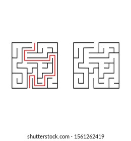 Maze. Education logic game labyrinth for kids. Find right way. Isolated simple square maze black line on white background. With the solution. Vector illustration.