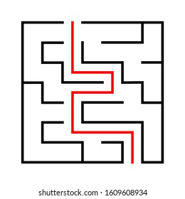 Maze. Education logic game labyrinth for kids. Find right way. Isolated simple square maze black line on white background. With the solution. Vector illustration.
