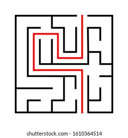 Maze. Education logic game labyrinth for kids. Find right way. Isolated simple square maze black line on white background. With the solution. Vector illustration.