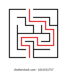 Maze. Education logic game labyrinth for kids. Find right way. Isolated simple square maze black line on white background. With the solution. Vector illustration.
