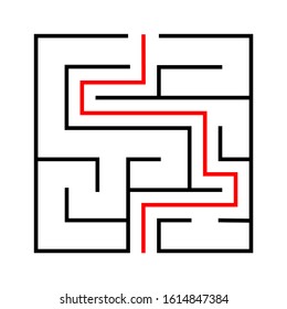 Maze. Education logic game labyrinth for kids. Find right way. Isolated simple square maze black line on white background. With the solution. Vector illustration.